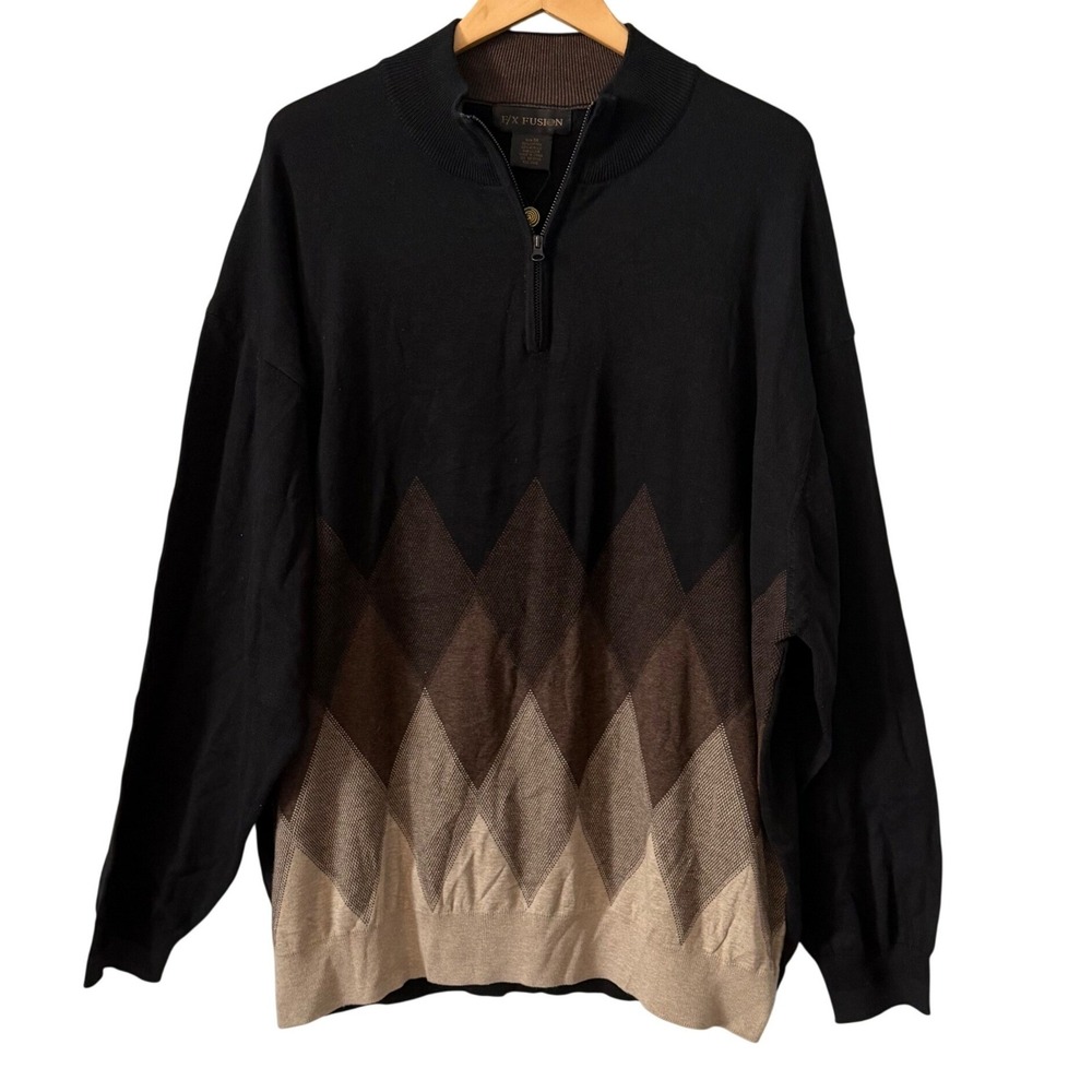 F/X Fusion Mens 3X Quarter Zip Sweater Black Brown Argyle Diamond Mock Neck
